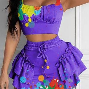 Ink Splash Print Crop Top & Frill Hem Drawstring S